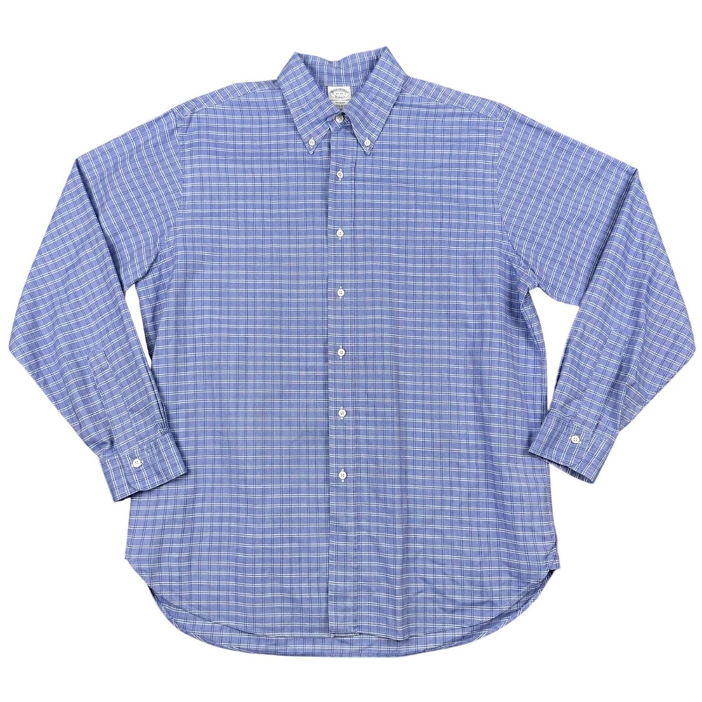Brooks Brothers Makers Button Down Shirt Mens 17x35 Blue Check Cotton Made USA